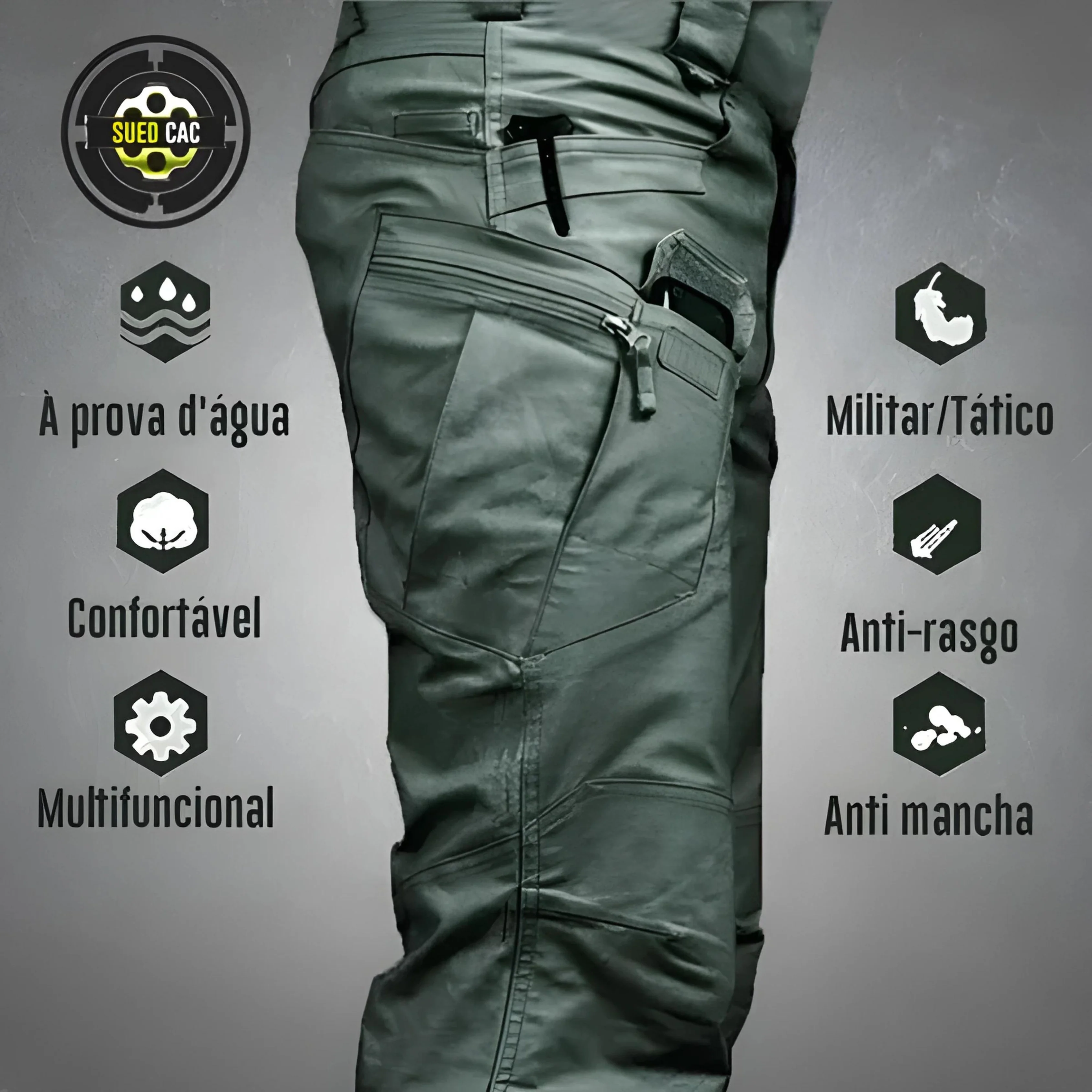 Cores disponíveis: Verde Militar, Preto, Caqui, Cinza e Azul Marinho